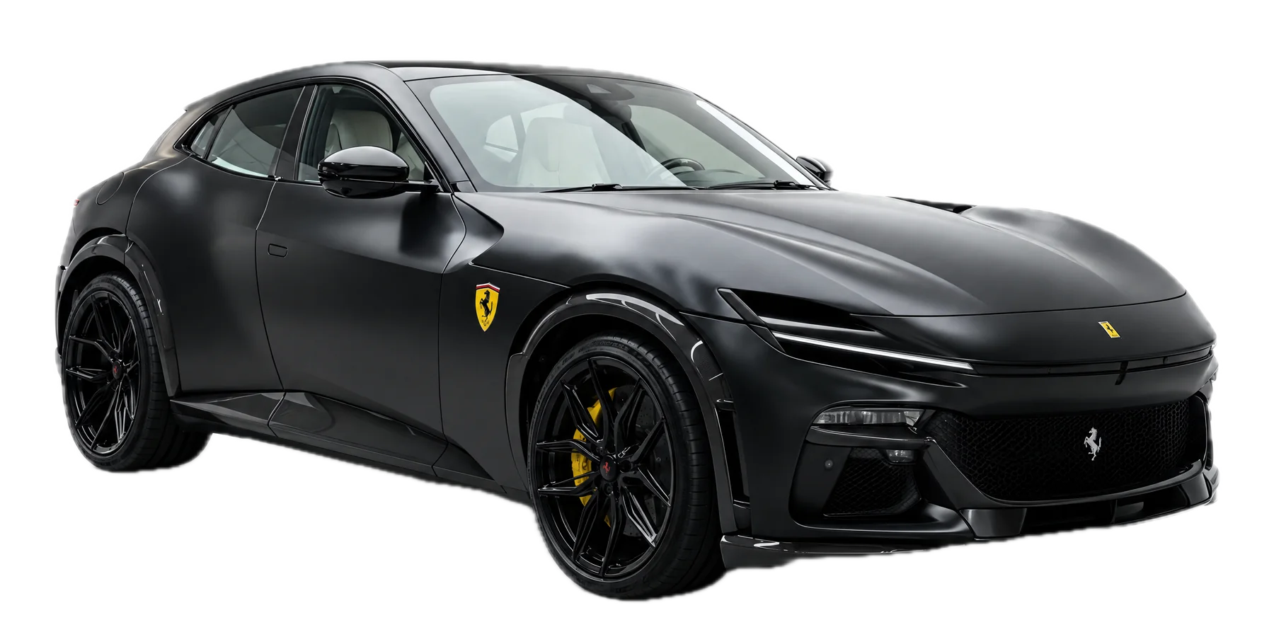 Matte black Ferrari Purosangue, front three-quarter view